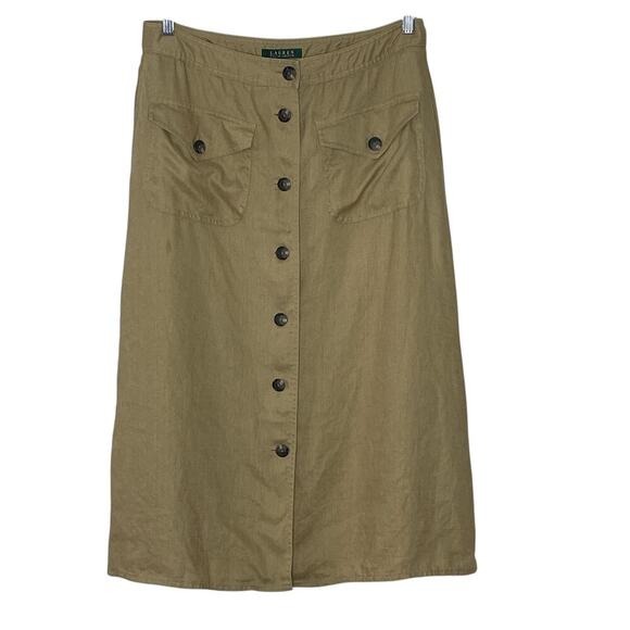 LAUREN RALPH LAUREN  UTILITY POCKET BUTTON FRONT LINEN MIDI SKIRT SIZE‎ 8 - Picture 1 of 7